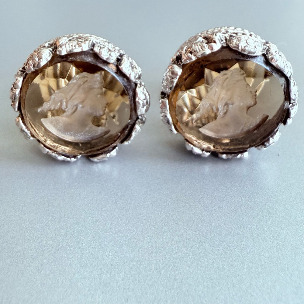 Intaglio Smoky Topaz Glass Cameo Clip On Round Chunky Earrings Vintage 1960's